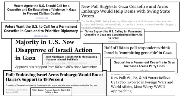 Image of 11 polls showing a ceasefire is massively popular and a weapons embargo would boost Kamala's election changes.